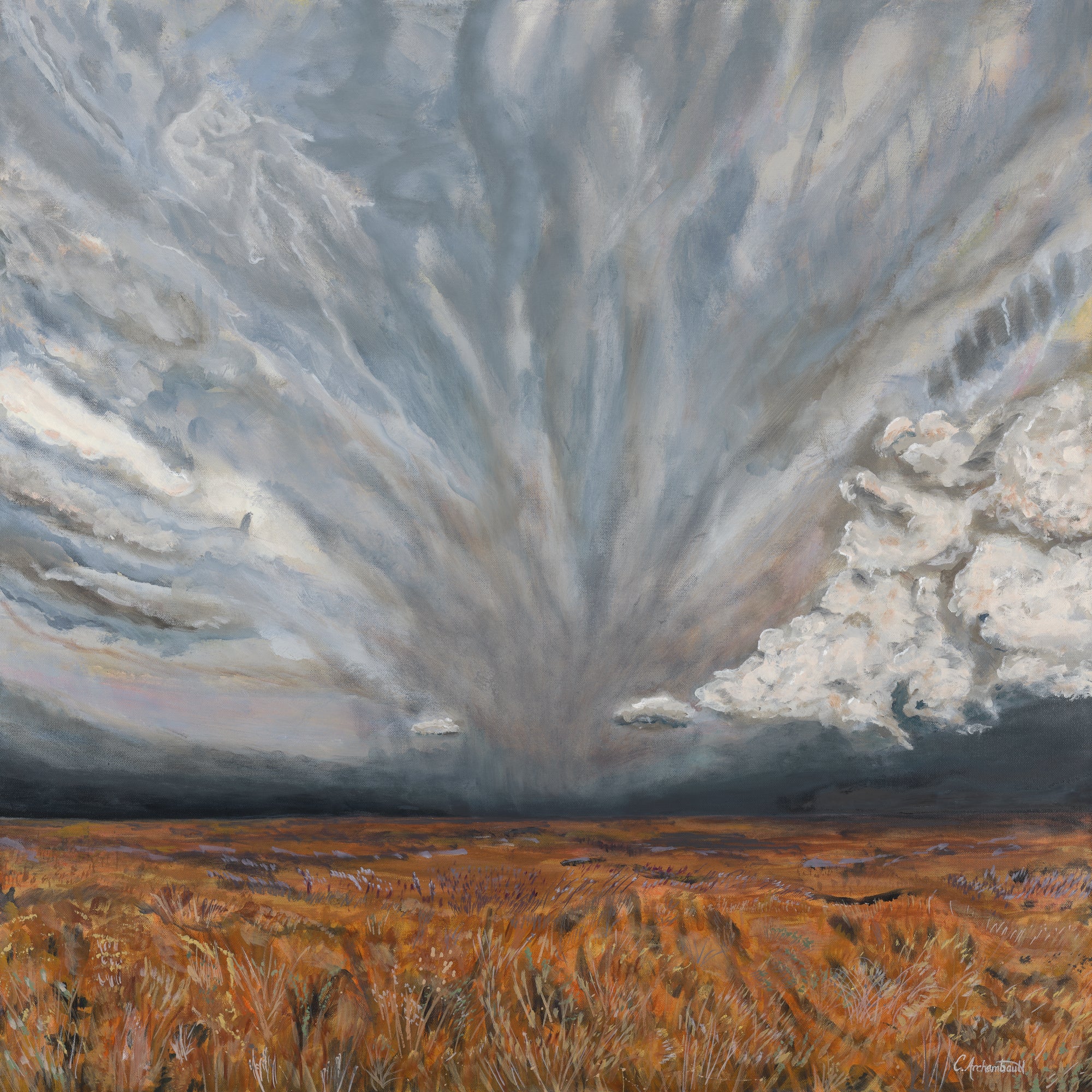 Amidst the Storm, A Glow - original landscape painting featuring dramatic storm clouds and light breaking through above an open field