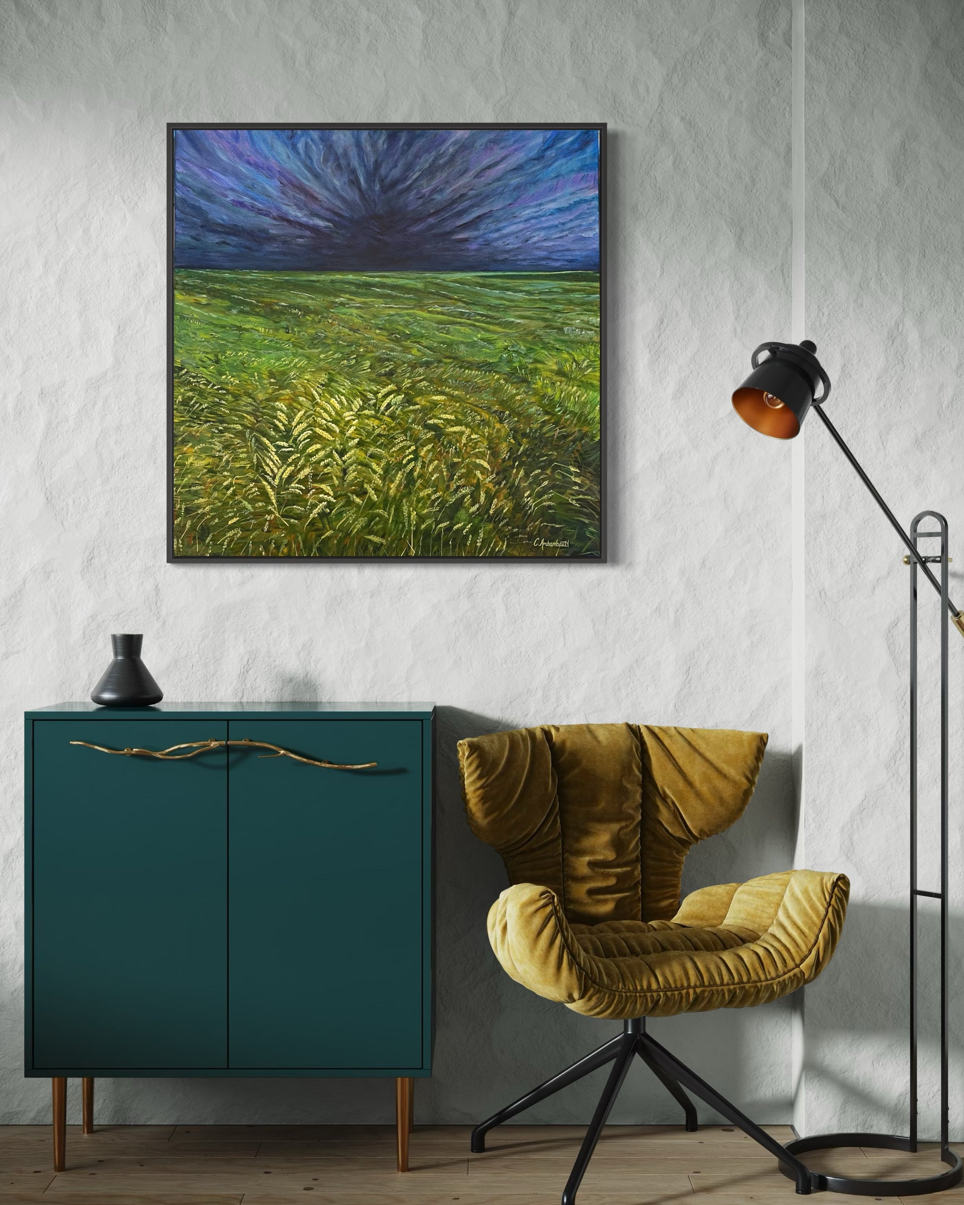 Original landscape painting by Crystal Archambault shown in a modern interior